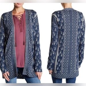 Lucky Brand Women Cardigan Sweater Blue white Geometric Stitch Pattern